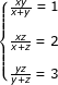 \small \dpi{80} \fn_jvn \left\{\begin{matrix} \frac{xy}{x+y}=1 & & \\ &\\ \frac{xz}{x+z}=2 & & \\ &\\ \frac{yz}{y+z}=3& & &\\ \end{matrix}\right.